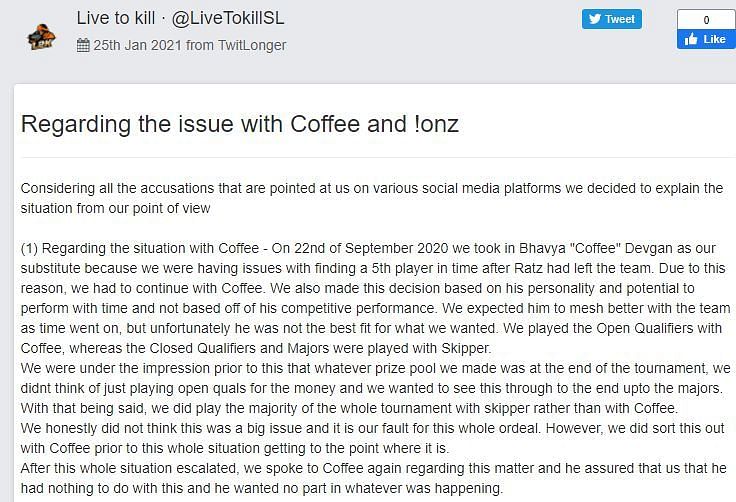 L2K official statement - Image via Twitter